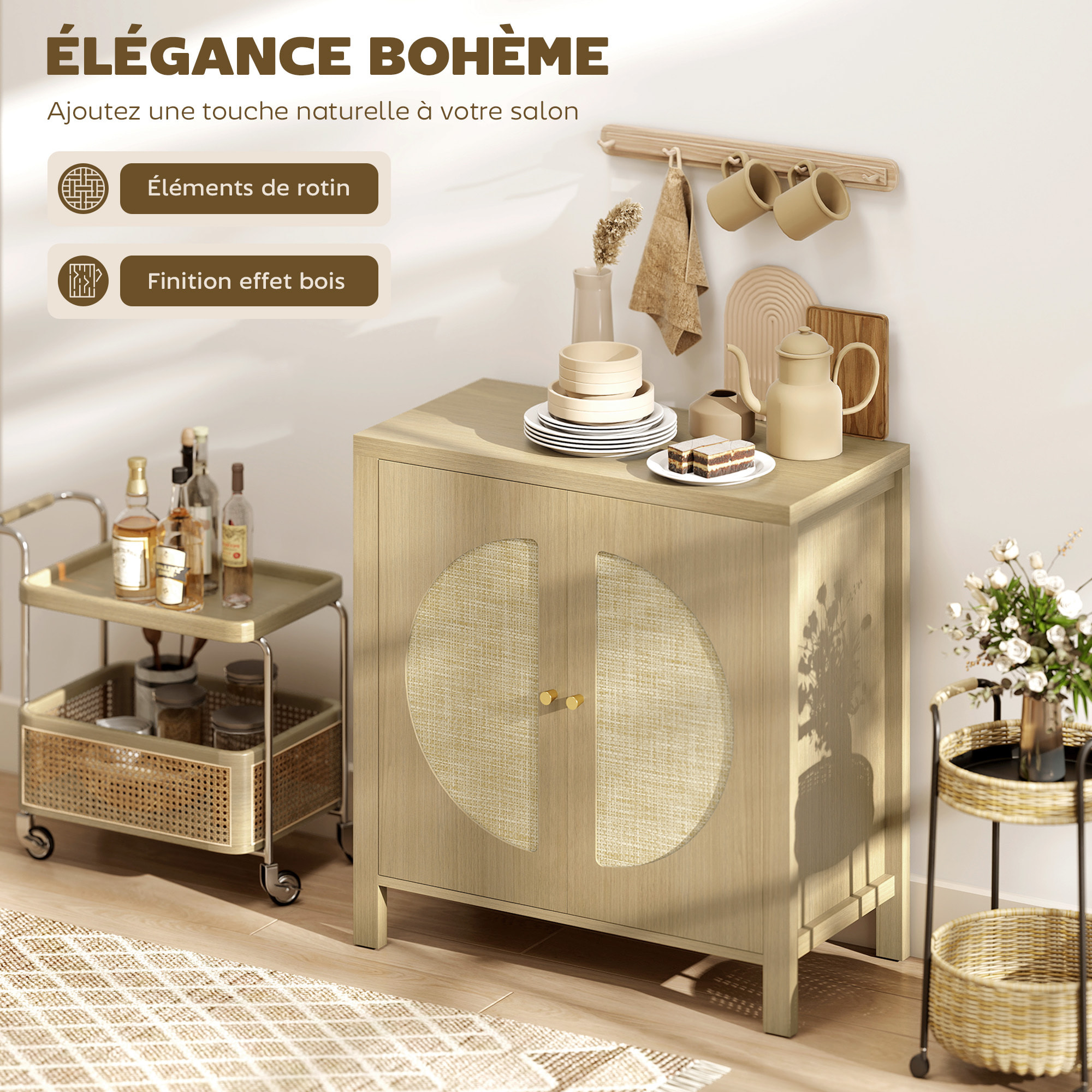 Rangement petit buffet 2 portes étagère style naturel rotin effet bois naturel taupe