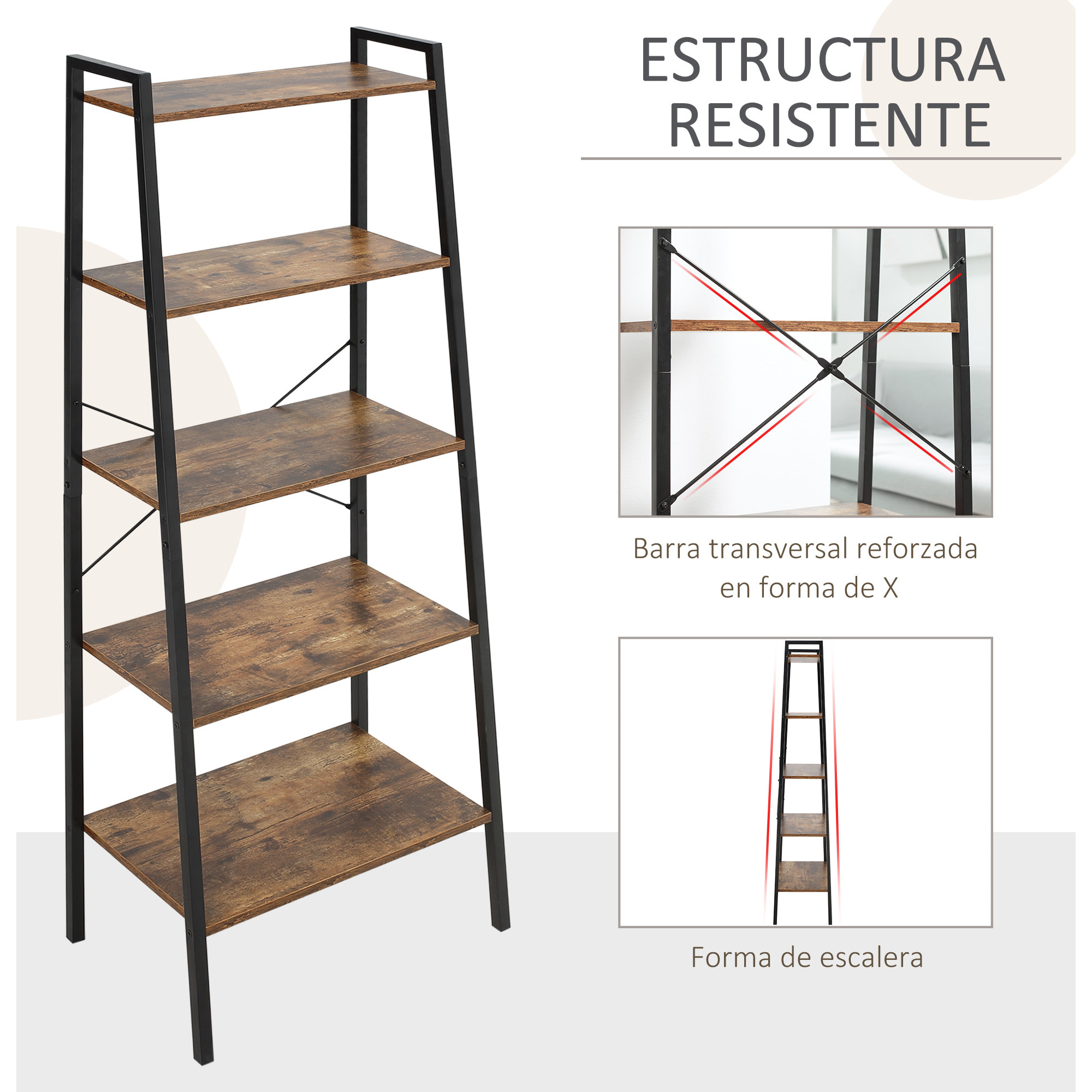 HOMCOM Estantería de Estilo Industrial en Forma de Escalera con 5 Baldas con Marco de Metal para Sala de Estar Dormitorio Cocina Oficina 56x34x160 cm Marrón Rústico