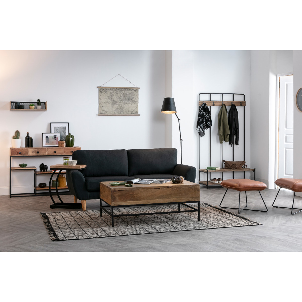 Étagère murale industrielle en bois manguier massif et métal noir L60 cm RACK
