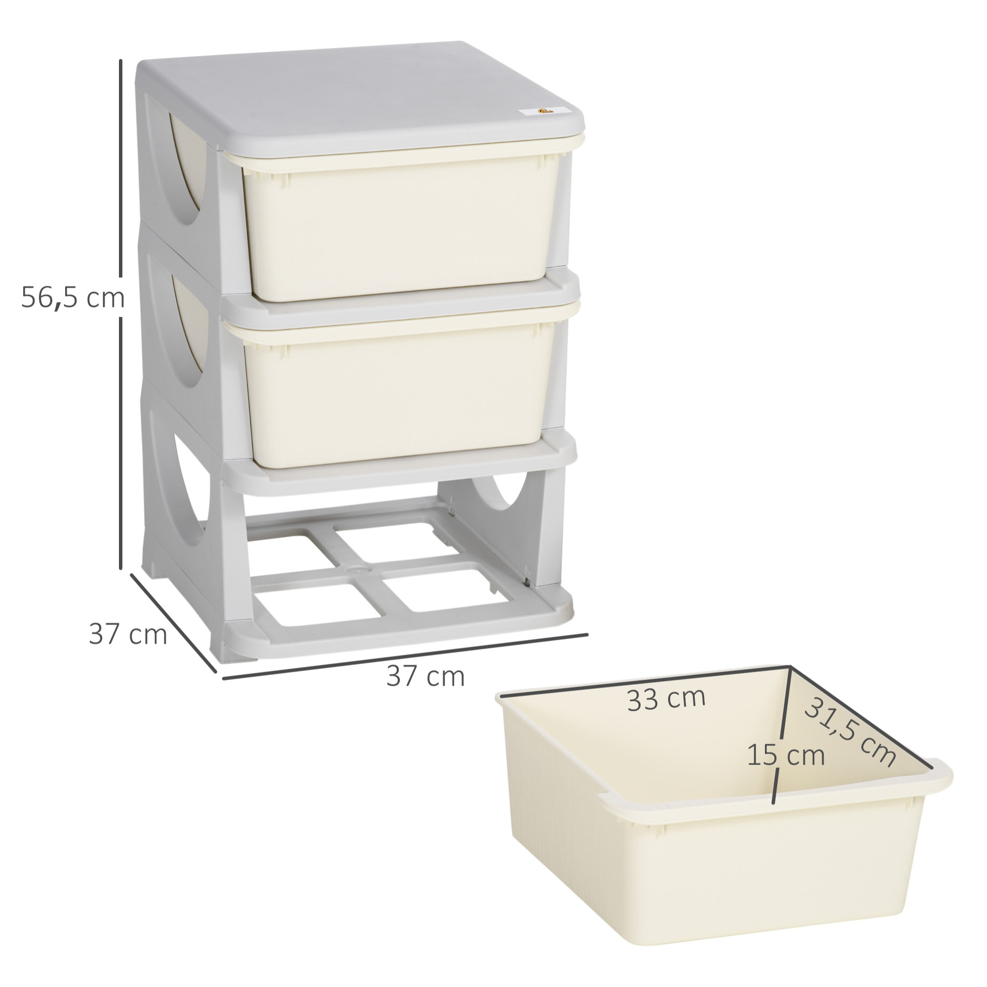 Torre de Almacenamiento Infantil con 3 Cajones Organizador de Juguetes para Niños +3 Años Gran Almacenaje con Asas para Juguetes Ropa Libros 37x37x56,5 cm Crema