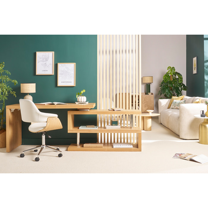 Chaise de bureau à roulettes design blanc, bois clair et acier chromé HANSEN