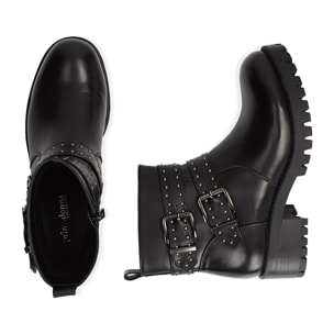 Biker boots con fibbie e borchie neri in eco-pelle, tacco 4,5 cm