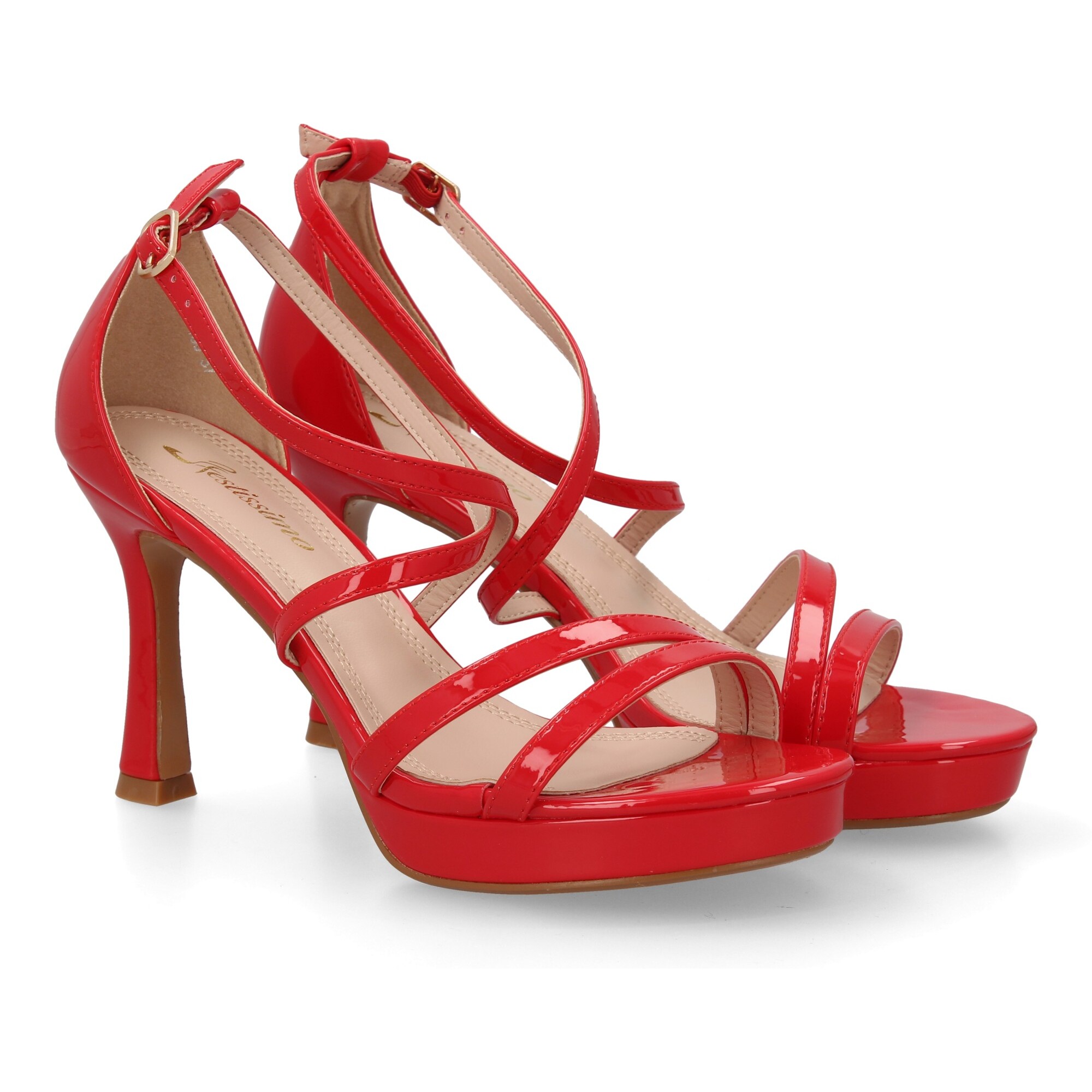 Sandalia tacón fino tiras onduladas para mujer.