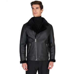 Chiodo Montone Shearling nero con cerniera trasversale