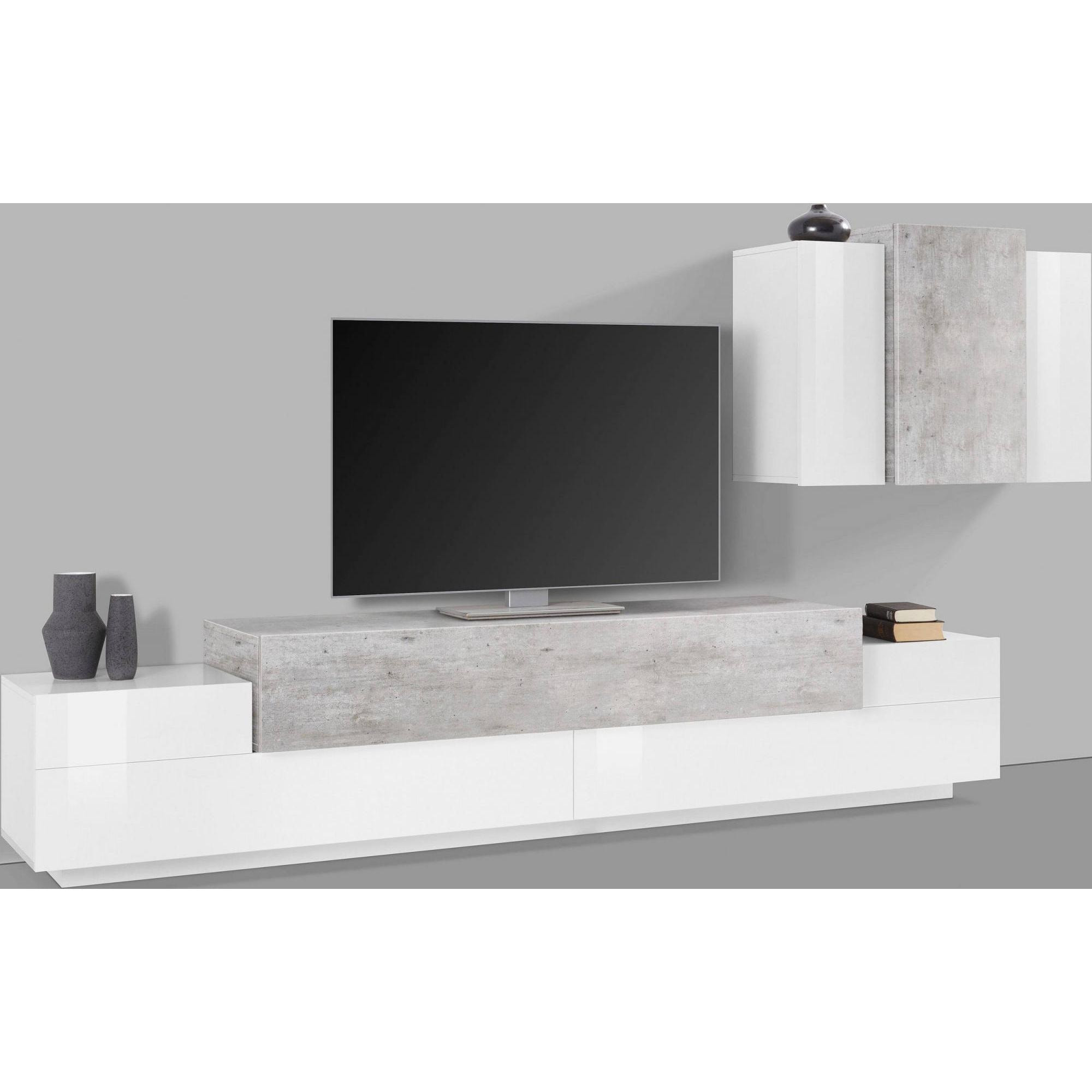 Parete attrezzata da soggiorno modulare, Made in Italy, Base porta TV e pensile sospeso, Set salotto moderno, cm 280x45h180, colore Bianco lucido e Cemento