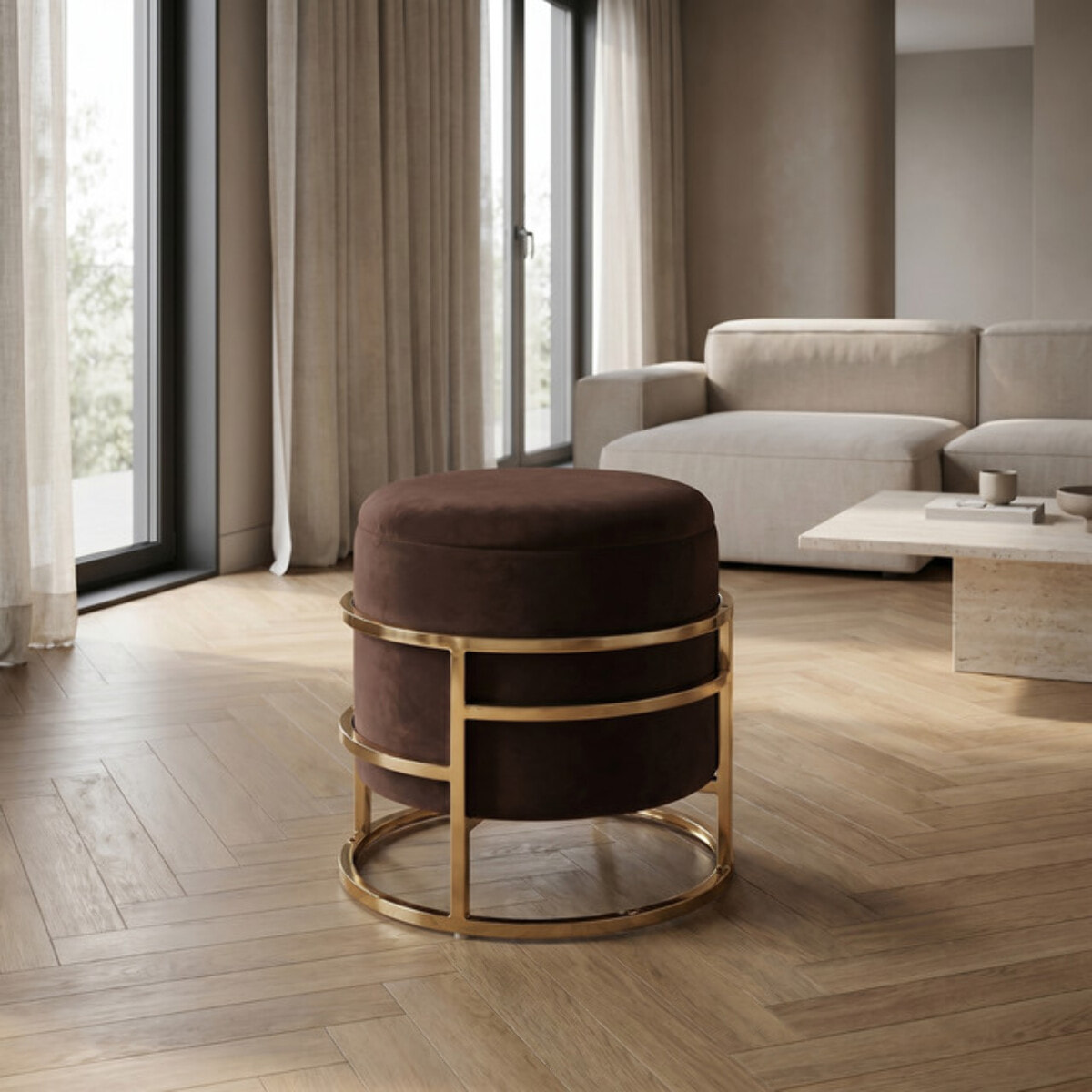 Pouf Contenitore Rotondo in Velluto con Coperchio e Base in Acciaio Dorata, Seduta Imbottita con Vano Contenitore dallo Stile Elegante per Soggiorno, Camera da Letto e Ingresso