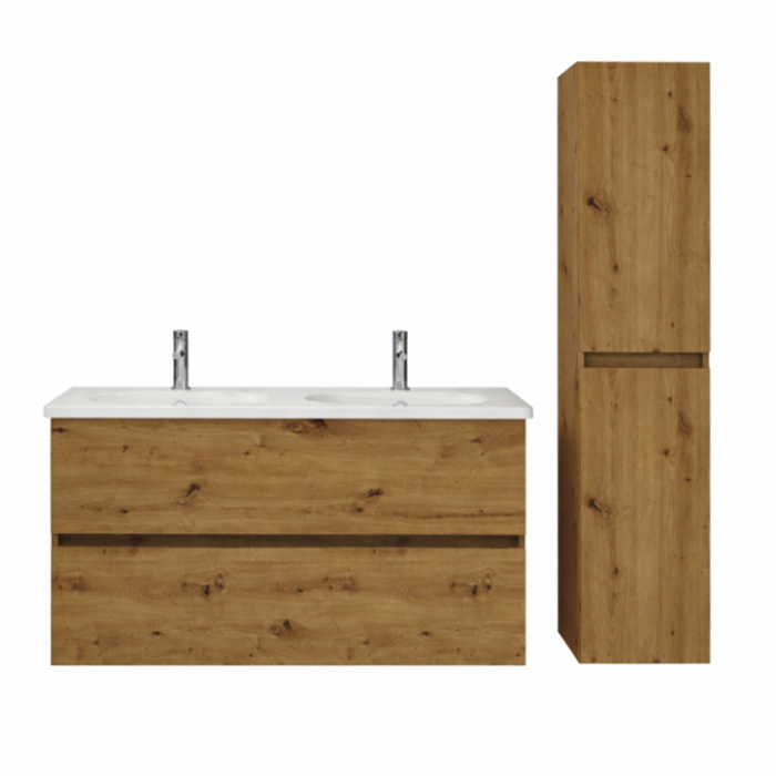 Pack meuble de salle de bain double vasque 120 cm chêne BURGBAD Joline + colonne