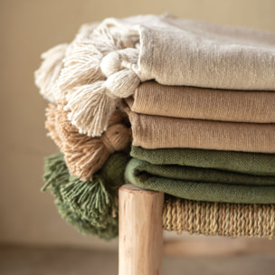 Grand plaid canapé en laine à pompons - Crème