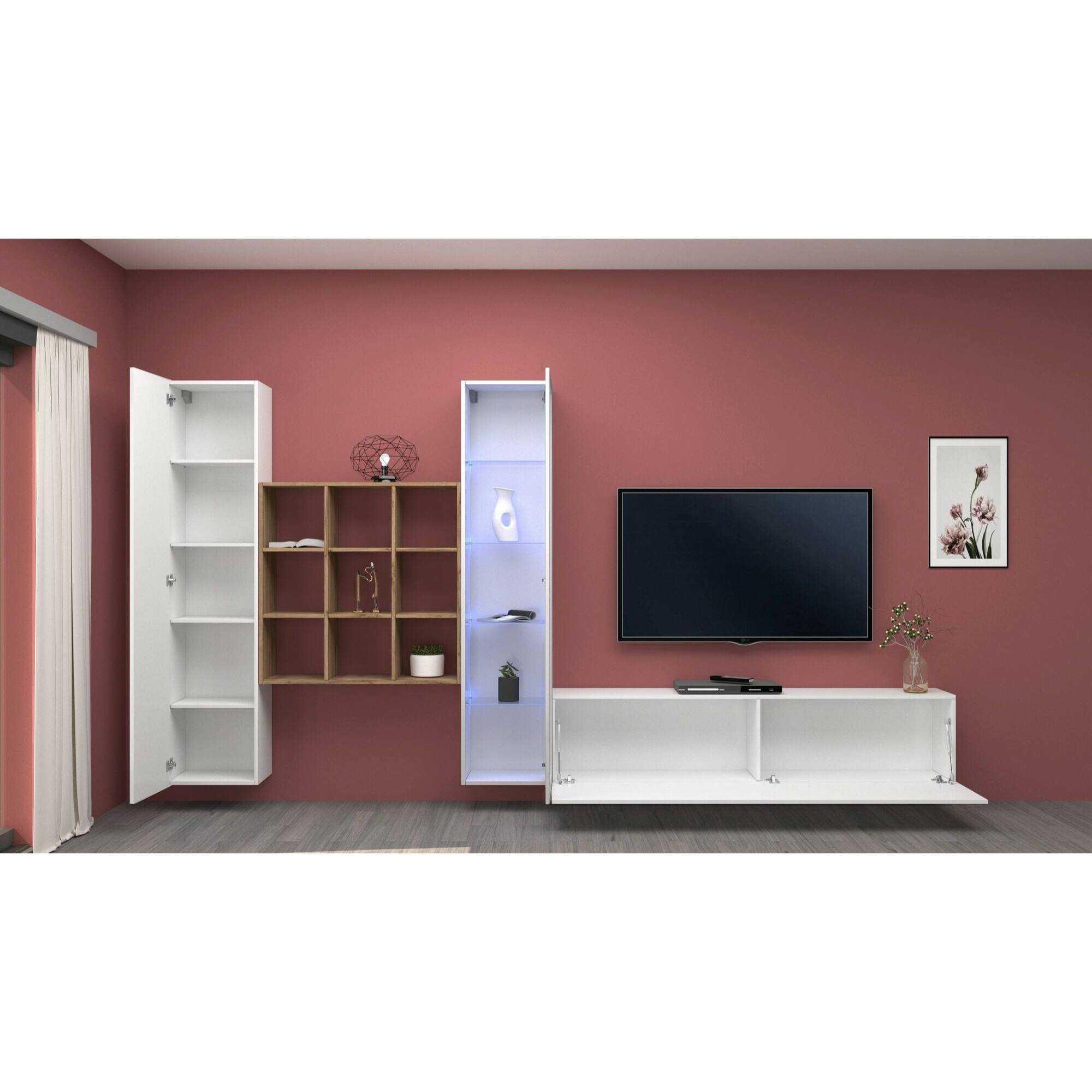 Parete attrezzata Emilio, Set salotto porta TV a 3 ante, Mobile soggiorno multiuso con vetrina e luce LED, 100% Made in Italy, cm 310x30h180, Bianco lucido e Acero