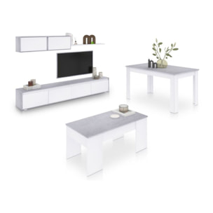 Pack salón con mesa de centro y mesa de comedor Arlet Max V2B Blanco Artik (Blanco Mate) - Gris Cemento