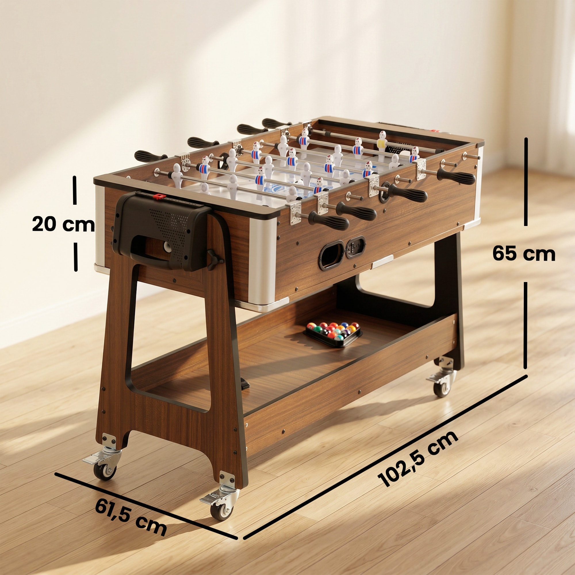 Mesa Multijuegos 3 en 1, Mesa de Juegos con 4 Ruedas con Freno, Estante de Almacenaje, Futbolines para Niños, Air Hockey, Billar y Accesorios, Diversión Familiar para Adultos y Niños, Nogal