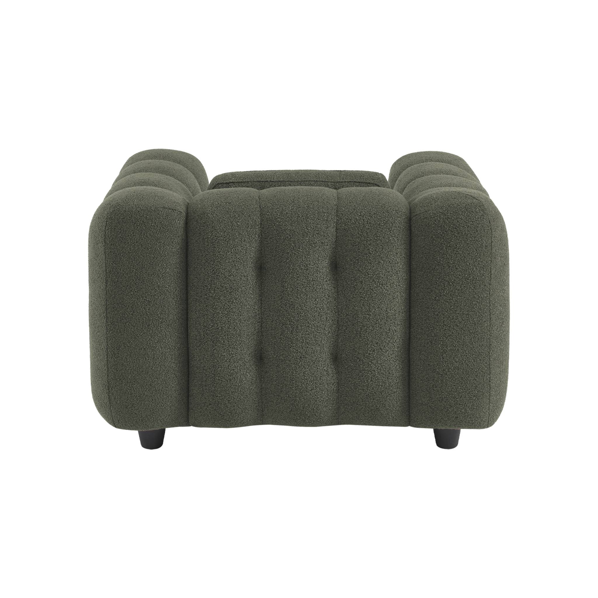 Fauteuil 1 place en bouclette texturée capitonné kaki foncé structure bois d'eucalyptus et contreplaqué