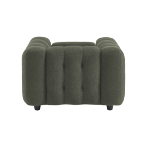 Fauteuil 1 place en bouclette texturée capitonné kaki foncé structure bois d'eucalyptus et contreplaqué