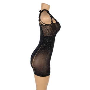 Bodystocking negro sexy con destellos brillantes y detalles de red con strass