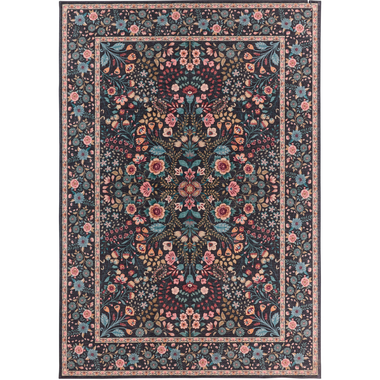 OTTOMAN - Tapis à poils courts doux à motif fleuri noir