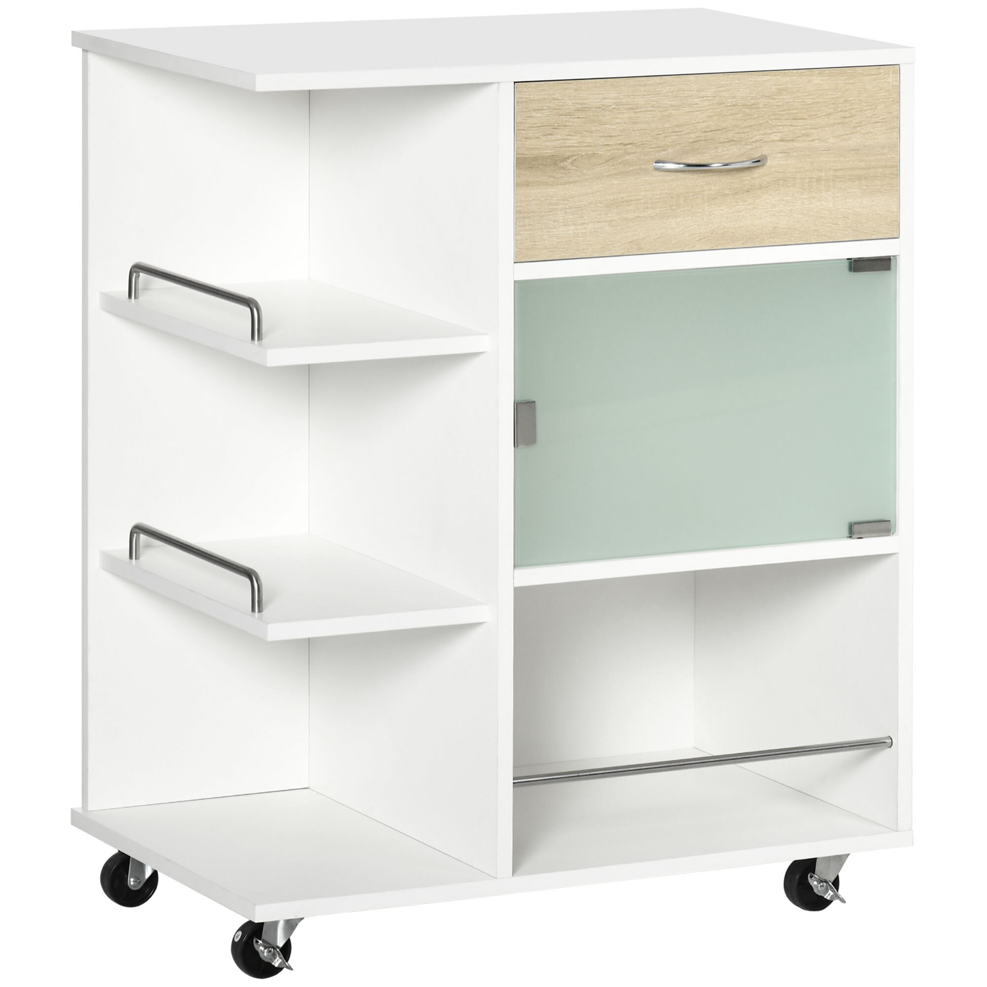 Desserte de cuisine style contemporain - 3 étagères, niche, porte verre, tiroir - blanc effet bois naturel