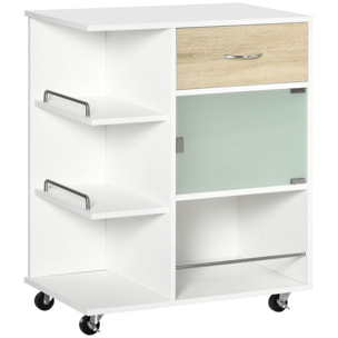 Desserte de cuisine style contemporain - 3 étagères, niche, porte verre, tiroir - blanc effet bois naturel