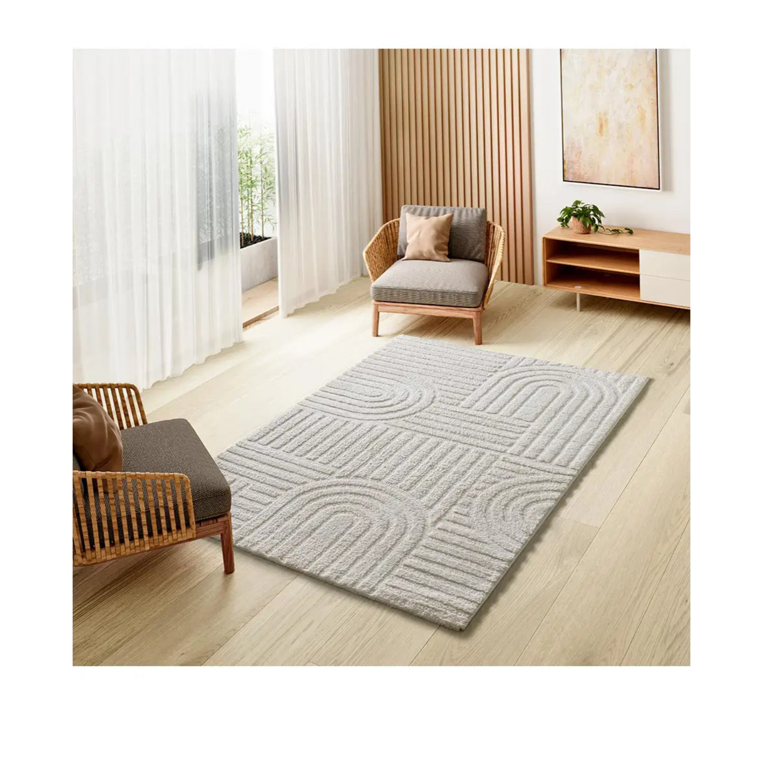 JUNO Alfombra geométrica con relieve blanco, varias medidas disponibles.