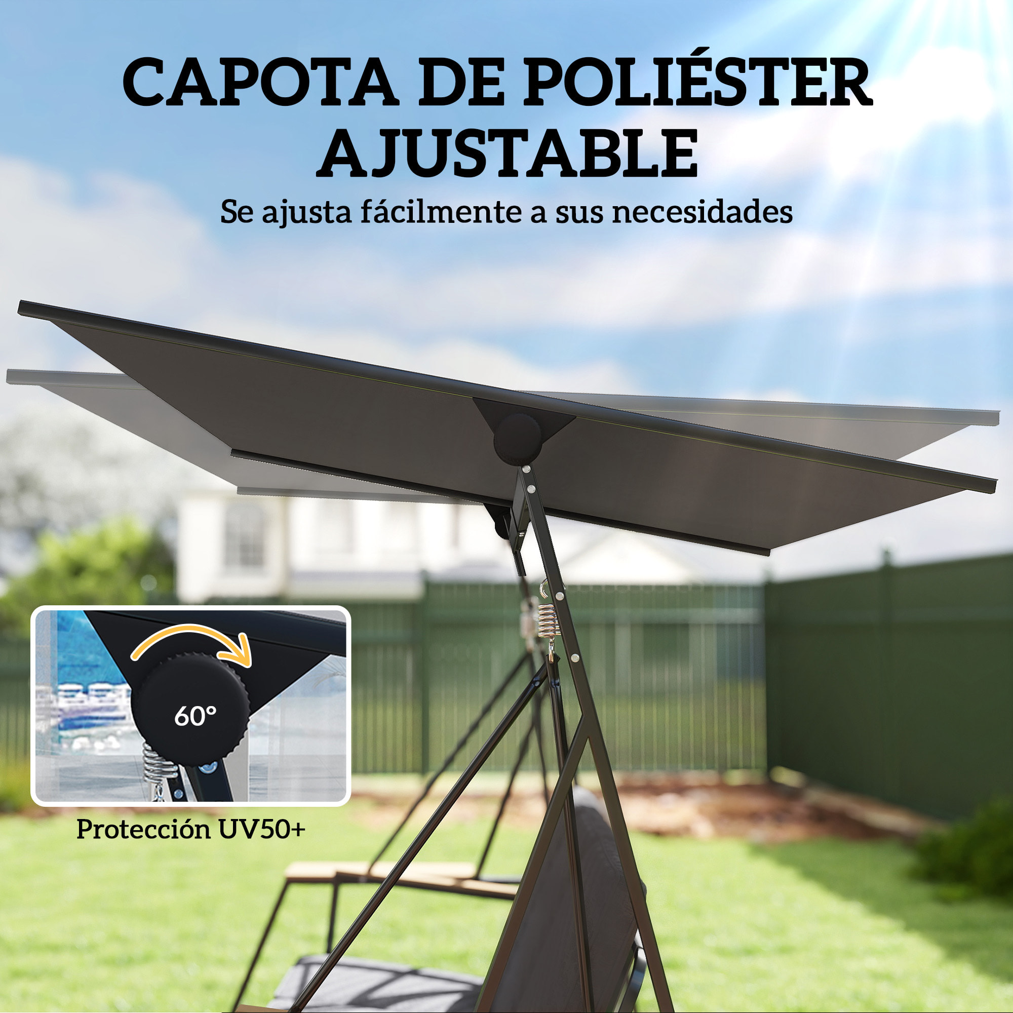 Columpio de Jardín de 3 Plazas, Balancín de Jardín Exterior con Techo Ajustable UPF50+, 2 Bandejas, Cojines y Marco de Metal, para Balcón, Terraza, Patio, Carga 360 kg, 222x131x175 cm, Gris