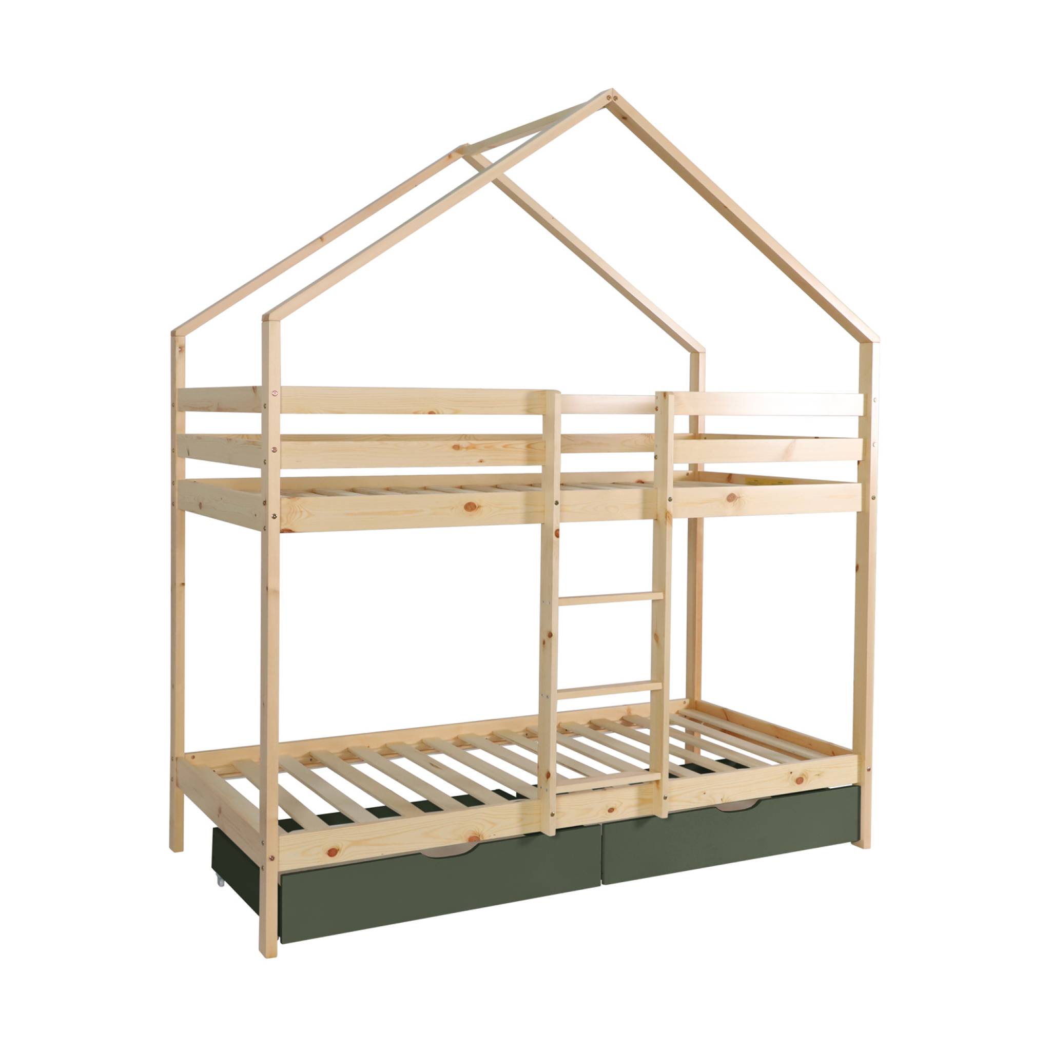 Lit enfant superposé cabane 90 x 190 cm pin naturel avec tiroirs de rangement ROYA