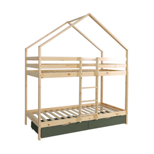 Lit enfant superposé cabane 90 x 190 cm pin naturel avec tiroirs de rangement ROYA