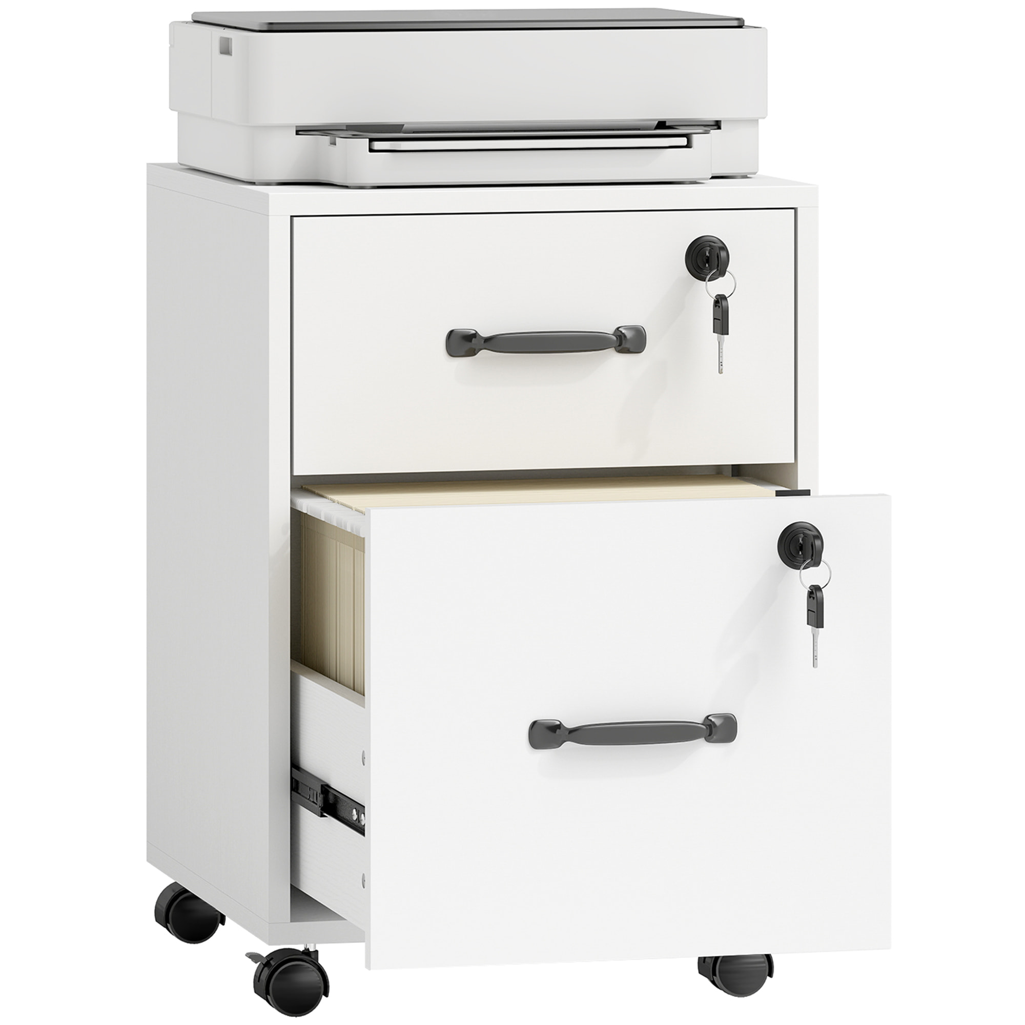 Caisson bureau verrouillable mobile 2 tiroirs coulissants trieur dossiers blanc