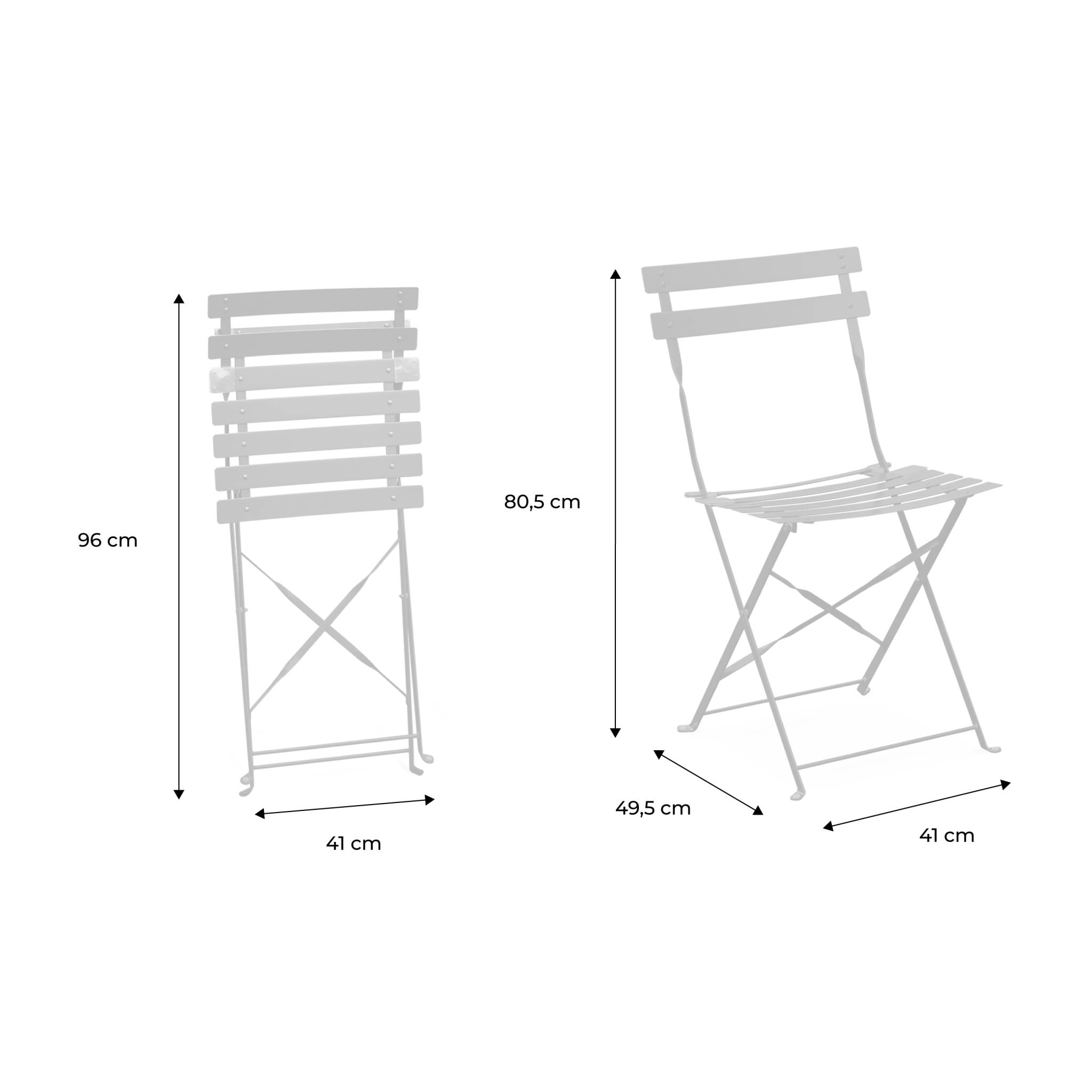 Lot de 2 chaises de jardin bistrot pliables en acier thermolaqué. 49.5 x 41 x 80.5cm