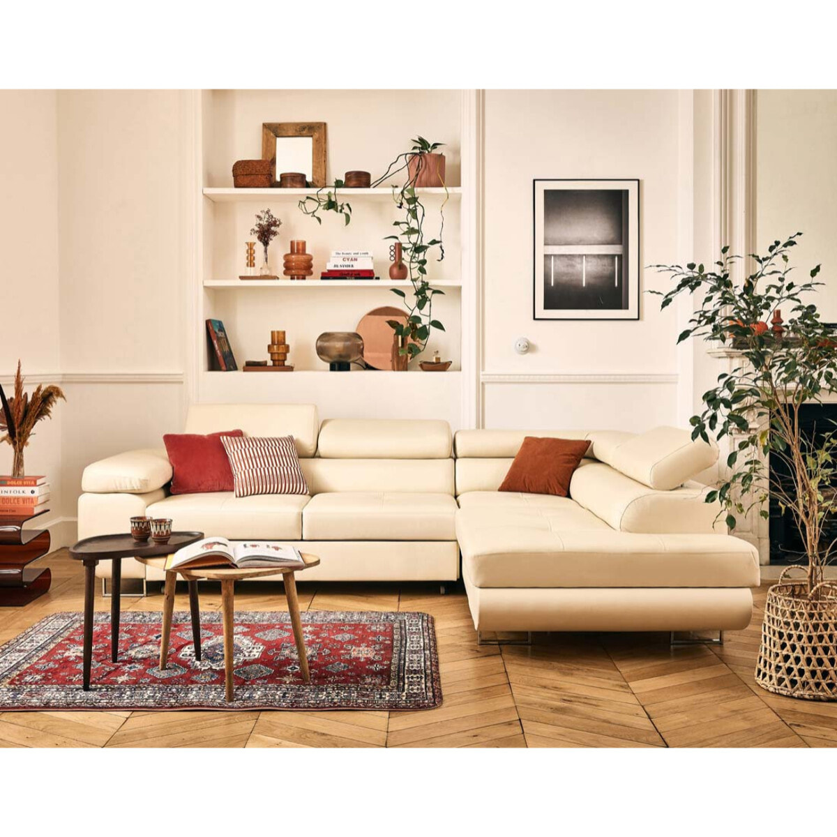 Zaria - canapé d'angle droit 5 places convertible avec coffre et têtières en cuir vegan - Beige