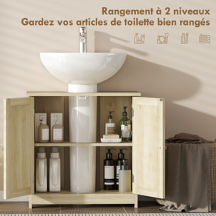 Meuble vasque - meuble sous-vasque - 2 portes rainurées avec étagère réglable - poignées métal chromé - dim. 60L x 30l x 60H cm - naturel