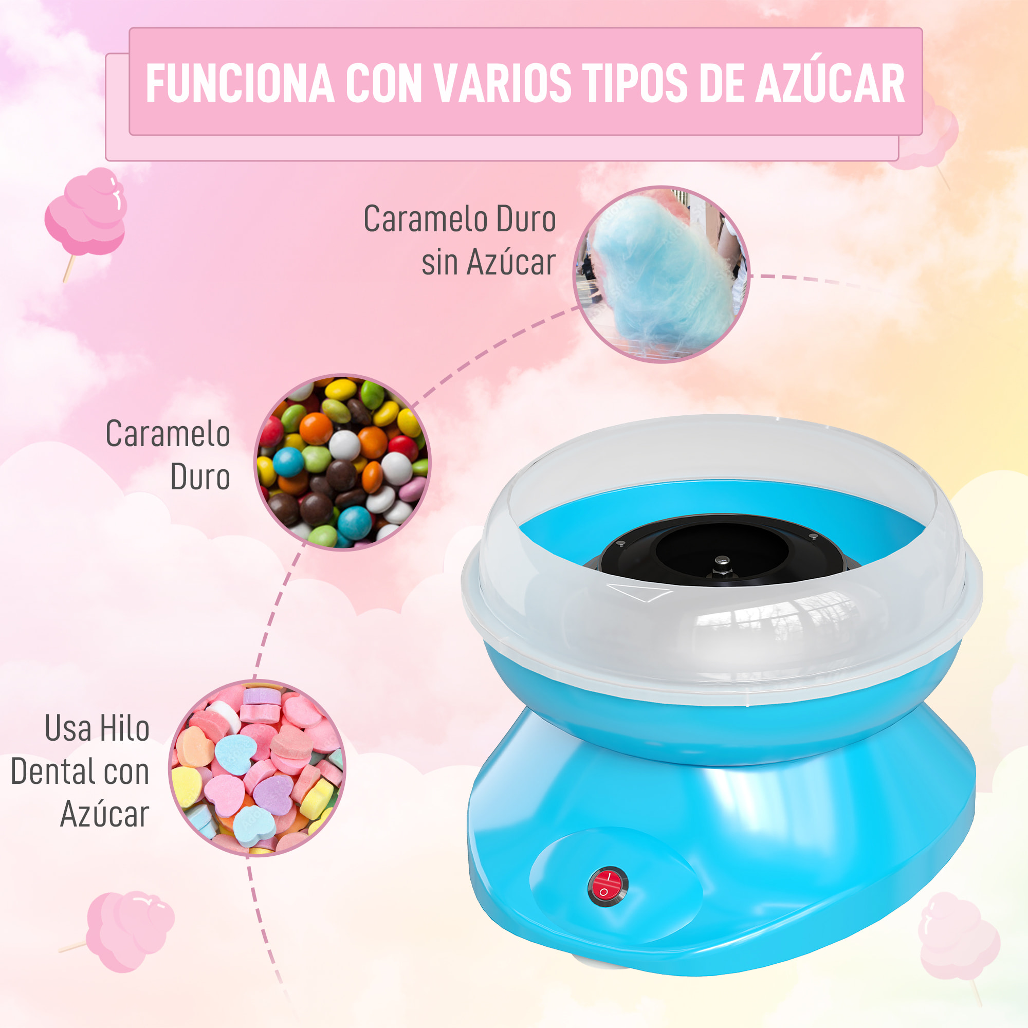 Máquina de Algodón de Azúcar, 450W-550W, Máquina para Hacer Algodón de Azúcar con 10 Palitos, para Fiestas de Cumpleaños Infantiles, en Casa, 27x26x18 cm, Azul
