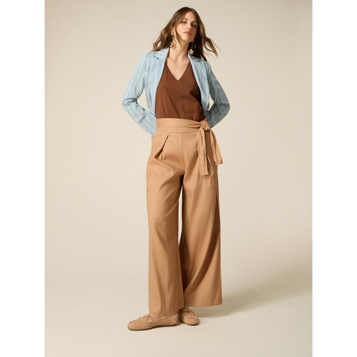 Oltre - Pantalones cargo mezcla de lino con fajín - Beige
