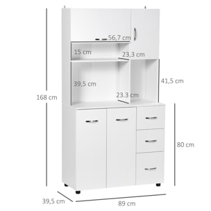 Armoire de cuisine multi-rangement 4 portes 3 tiroirs étagère + grand plateau 89L x 39l x 168H cm MDF blanc