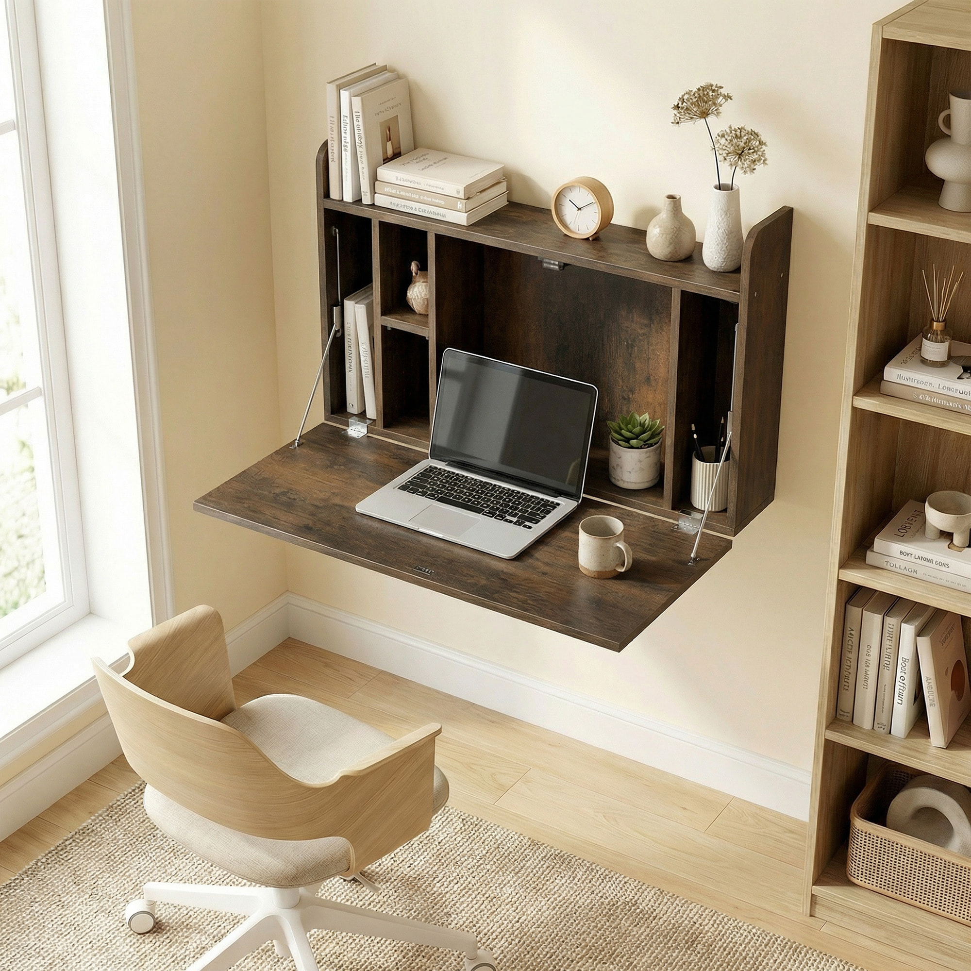 Bureau mural pliable - table murale rabattable - 5 niches, étagère - effet bois vieilli