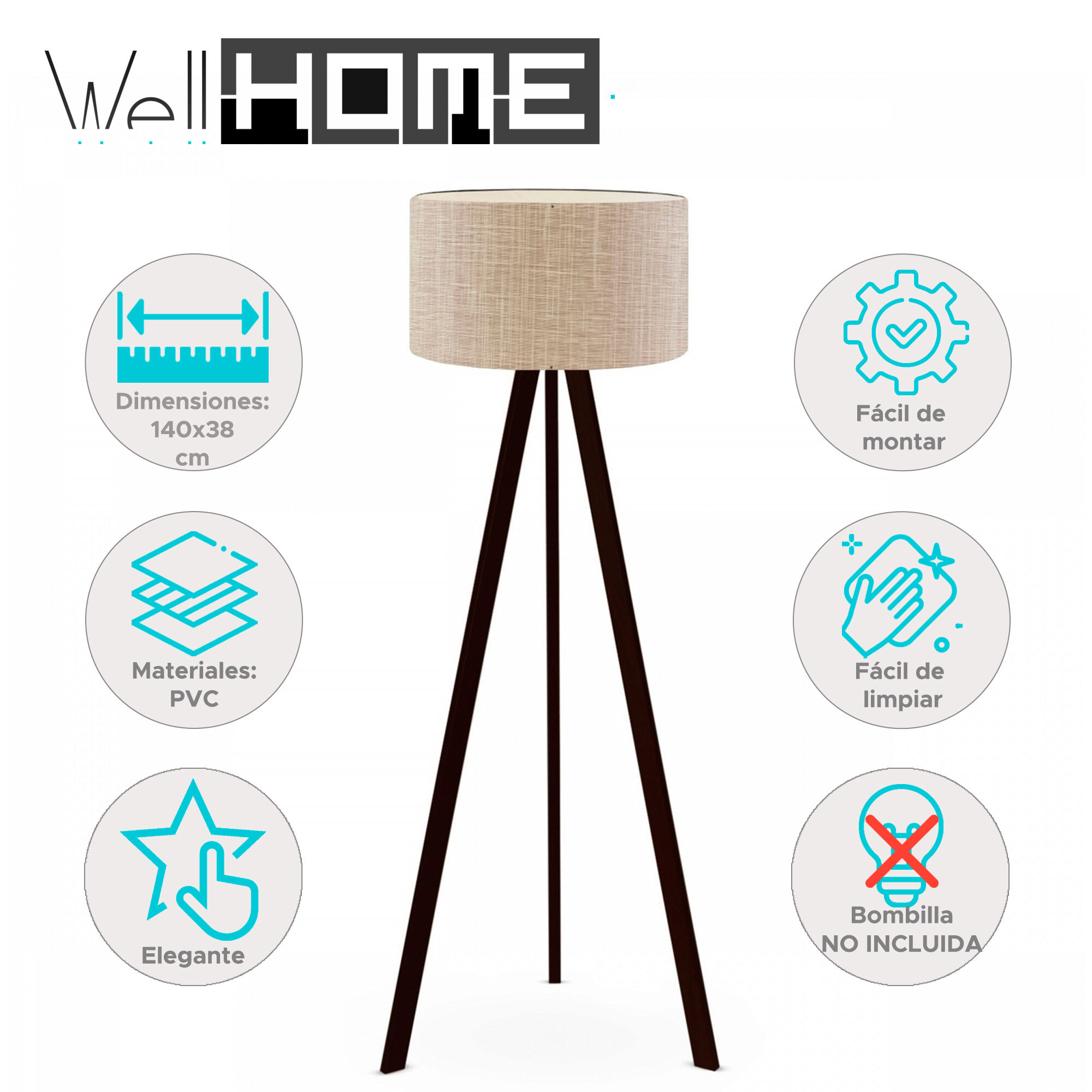 Lámpara de Pie H.140cm en PVC y Madera en color Beige