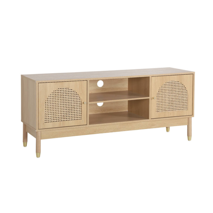 Meuble TV décor bois et cannage 2 portes teinte naturelle 140 x 40 x 60 cm - Judith