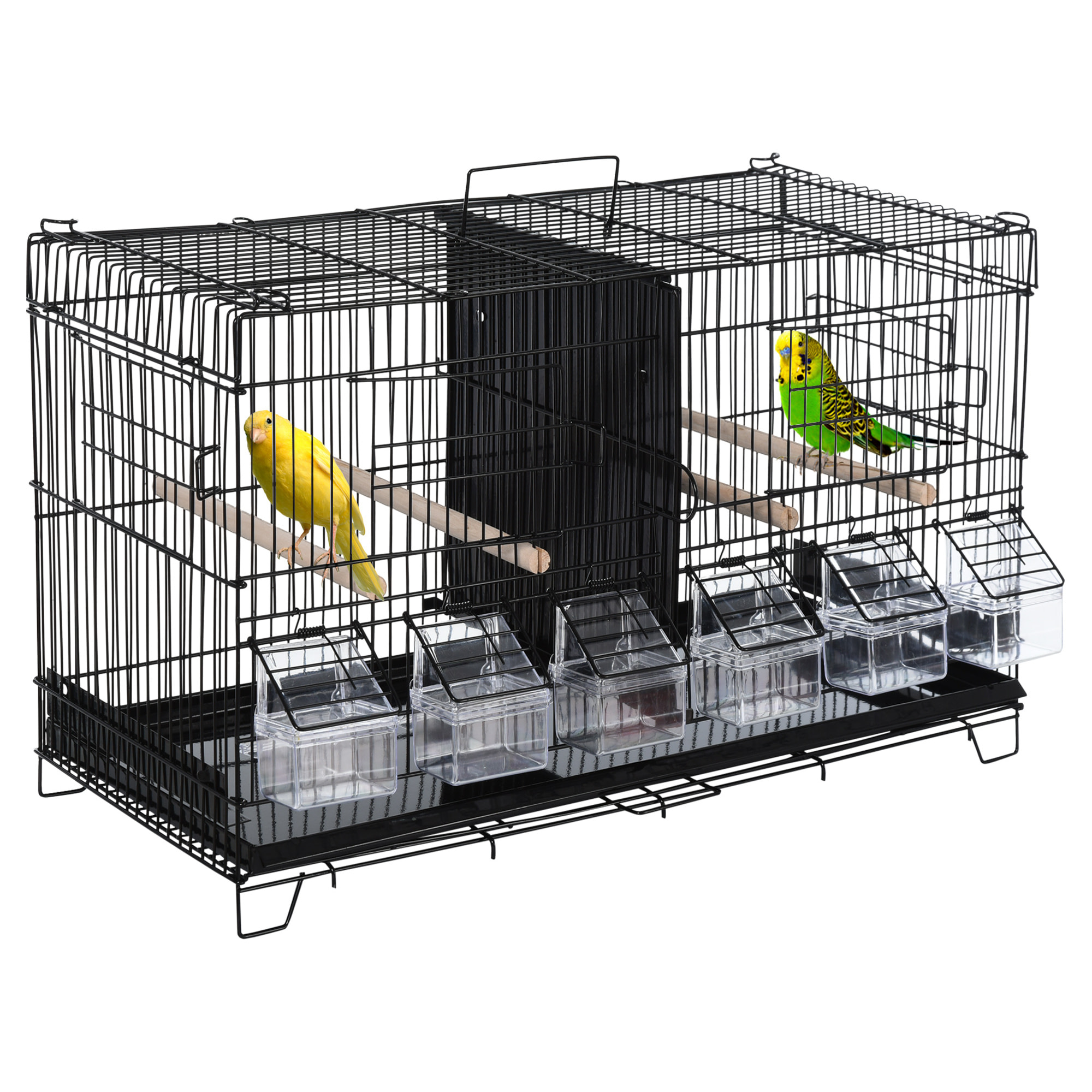 Cage à oiseaux mangeoires perchoirs 4 portes plateau excrément poignée métal PP noir