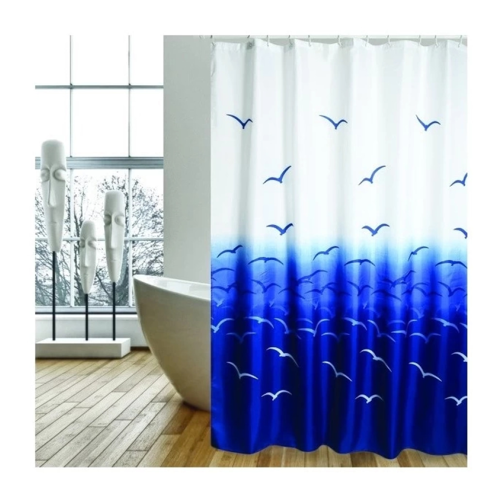 Rideau de douche Polyester 180x200cm Mouettes Bleu & Blanc - Anneaux inclus MSV