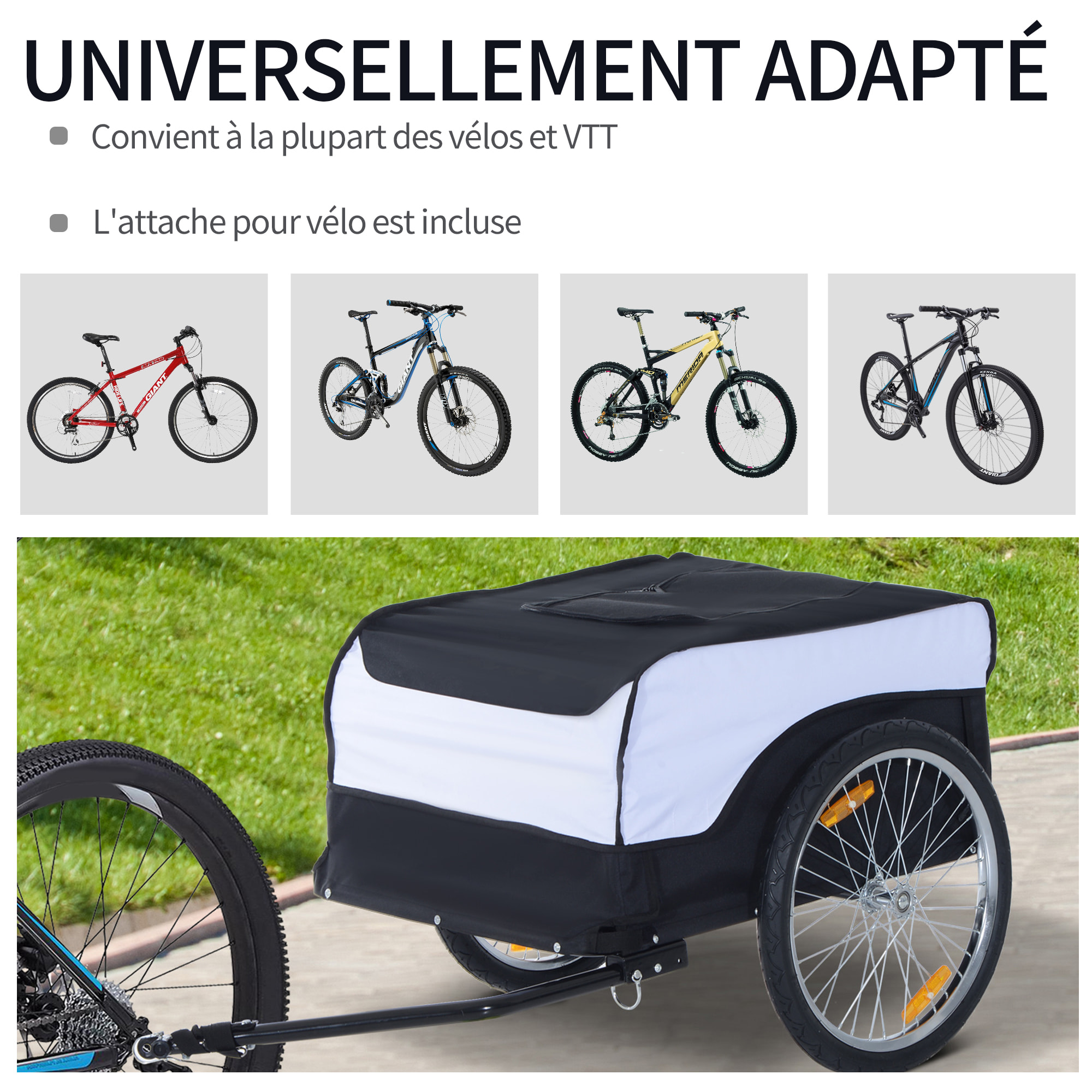 Remorque vélo cargo - housse amovible, attelage inclus - charge max. 40 Kg - acier oxford noir blanc