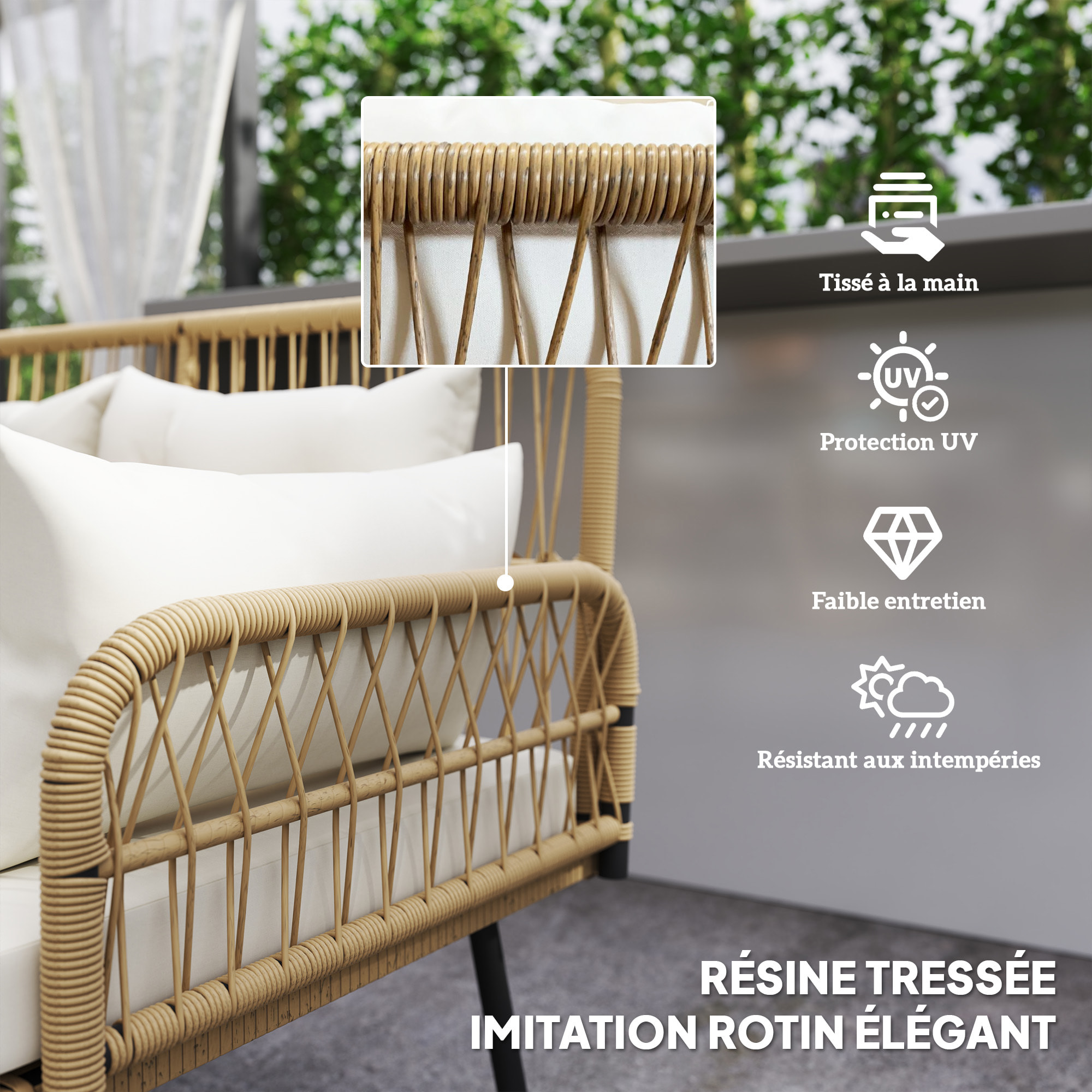 Canapé de jardin 2 places style colonial 5 coussins beige résine tressée aspect rotin