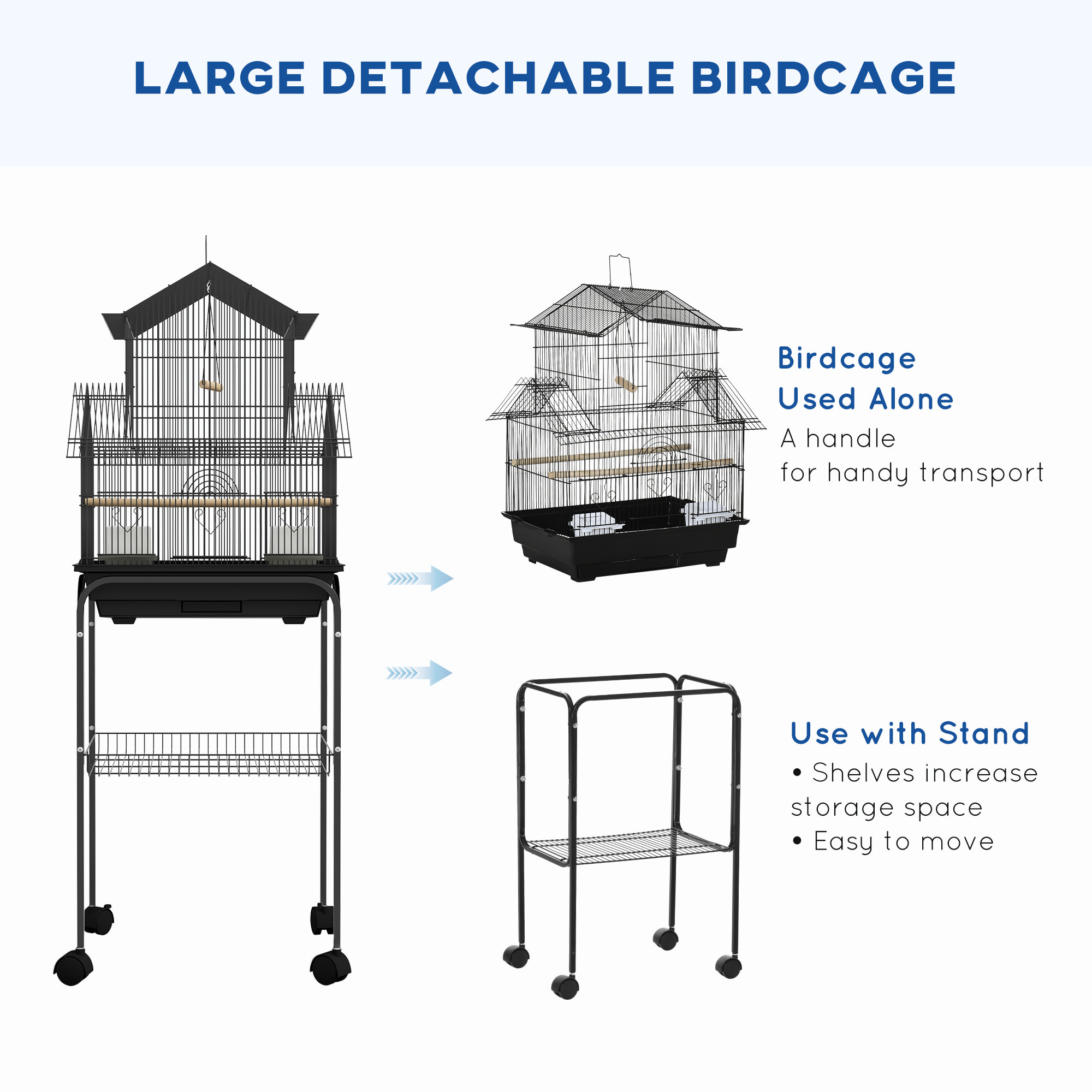 Cage à oiseaux design maison mangeoires perchoirs 3 portes plateau excrément amovible noir