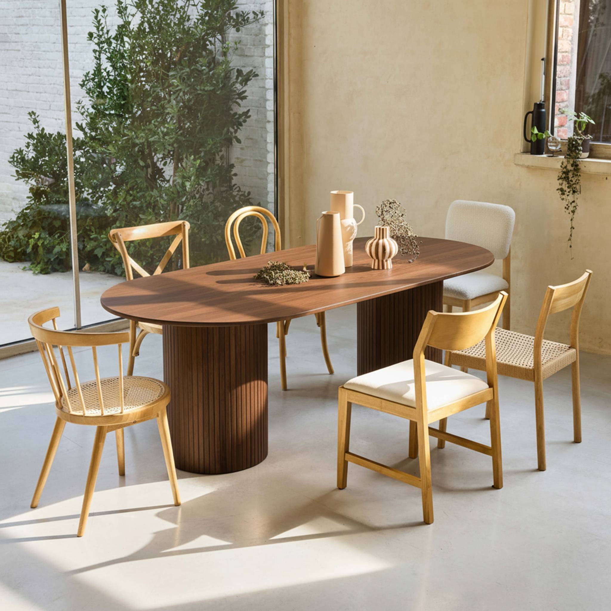 Table à manger oblongue bois d'hévéa et placage chêne 8 places noyer - L 220 x P 100 x H 73 cm - Estelle