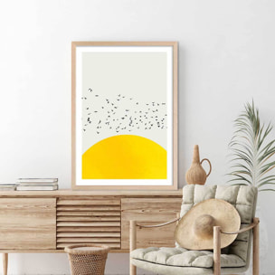 Affiche dessin ""1000 oiseaux"" Affiche + cadre en bois - Chêne