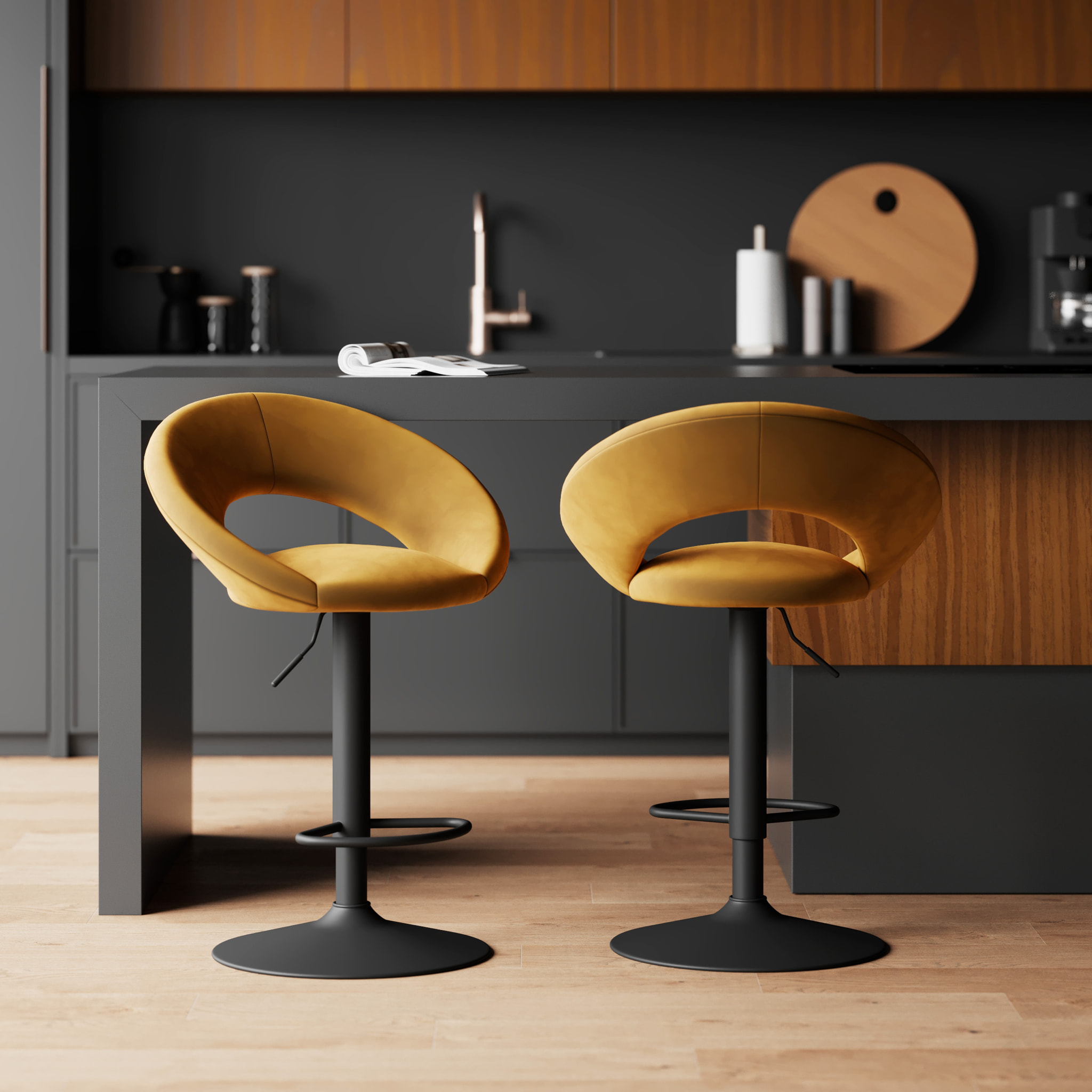 Lot de 2 chaises de bar en velours jaune curry 61/76,5 cm - Cloclo