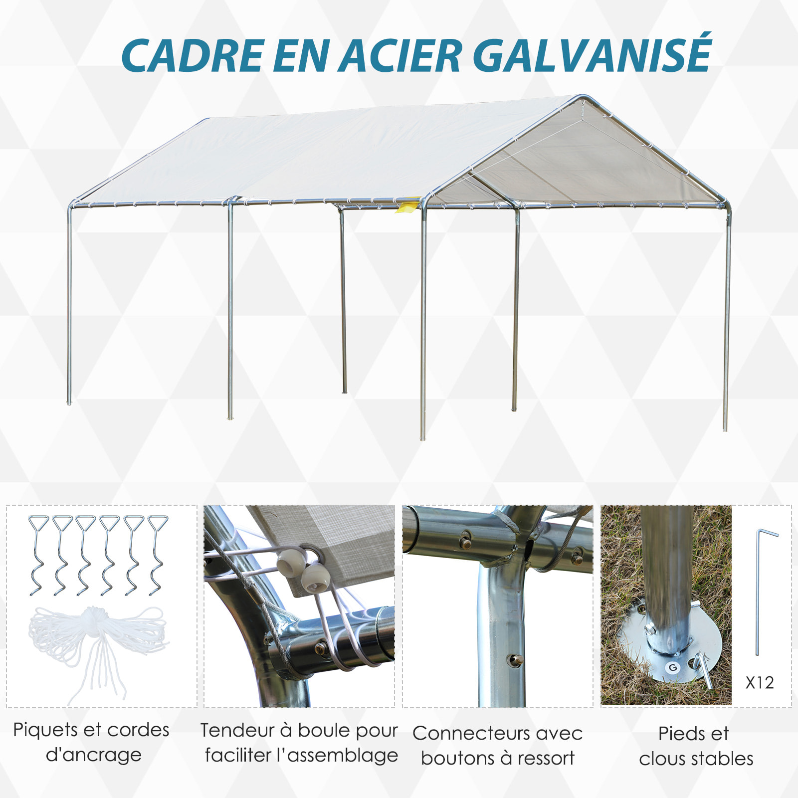 Carport auvent pour voiture 5,95L x 2,90l x 2,60H m acier galvanisé robuste PE haute densité blanc
