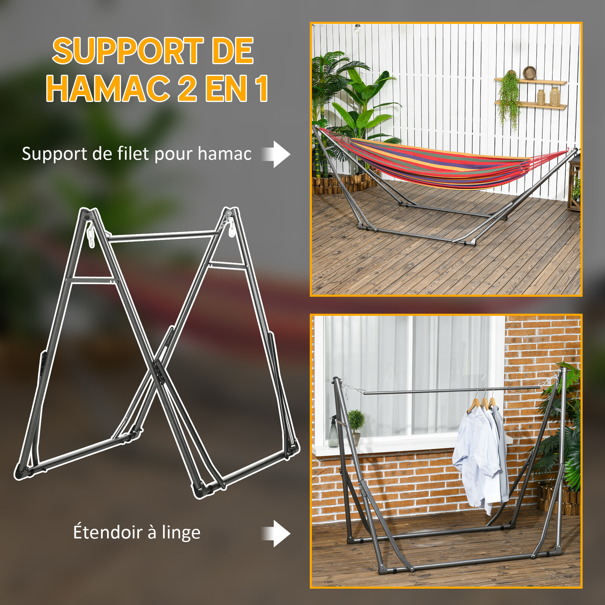 Support de hamac pliable et réglable structure en acier noir