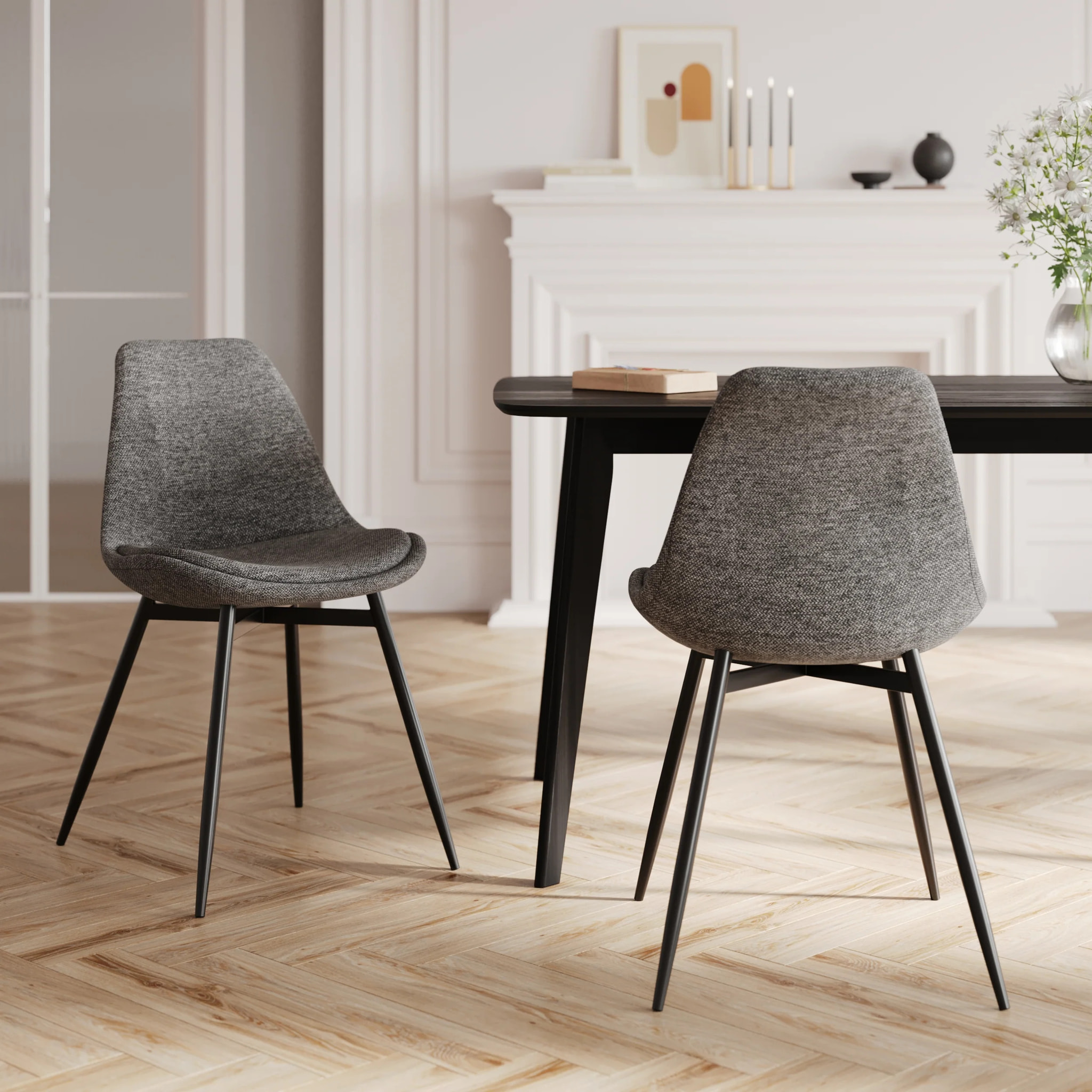 Lot de 2 chaises en tissu gris foncé chiné et pieds en métal - Filipi