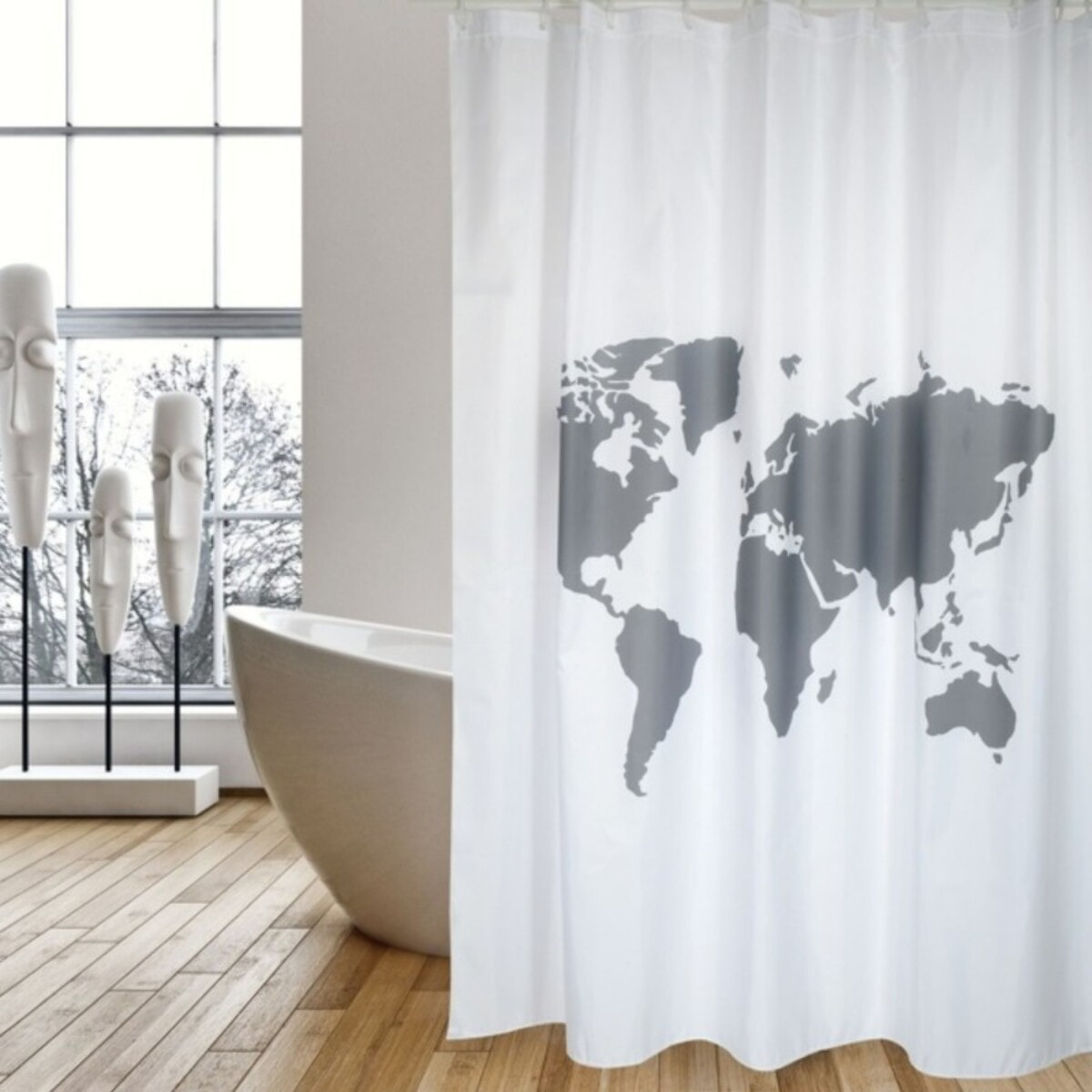 Rideau de douche Polyester WORLD 180x200cm QUALITE PREMIUM Gris & Blanc - Anneaux inclus MSV