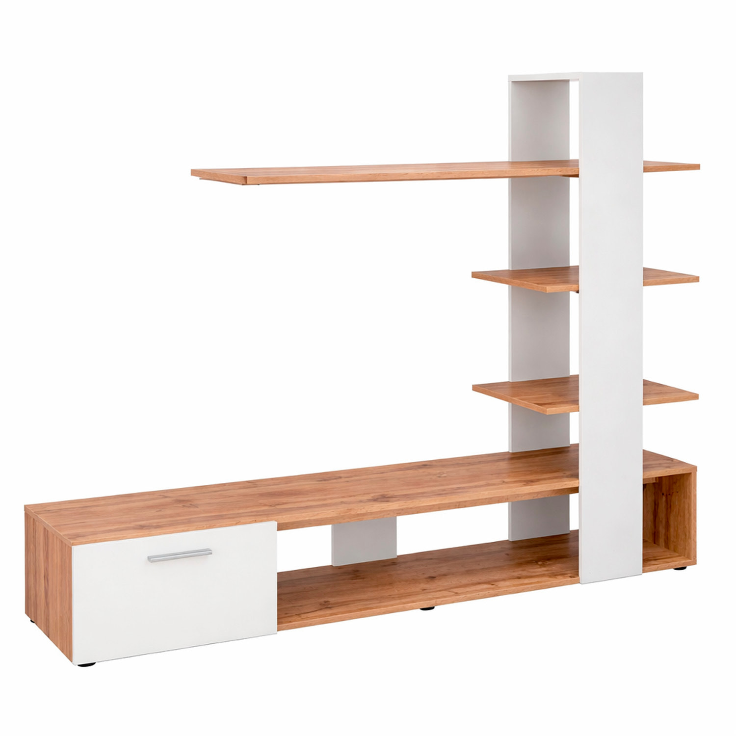 Parete Attrezzata Soggiorno Mobile Tv Ripiani Mensola Moderno Living Arredo Contemporaneo Contenitore Vani Salvaspazio 190x152x35 Cm Rovere E Bianco