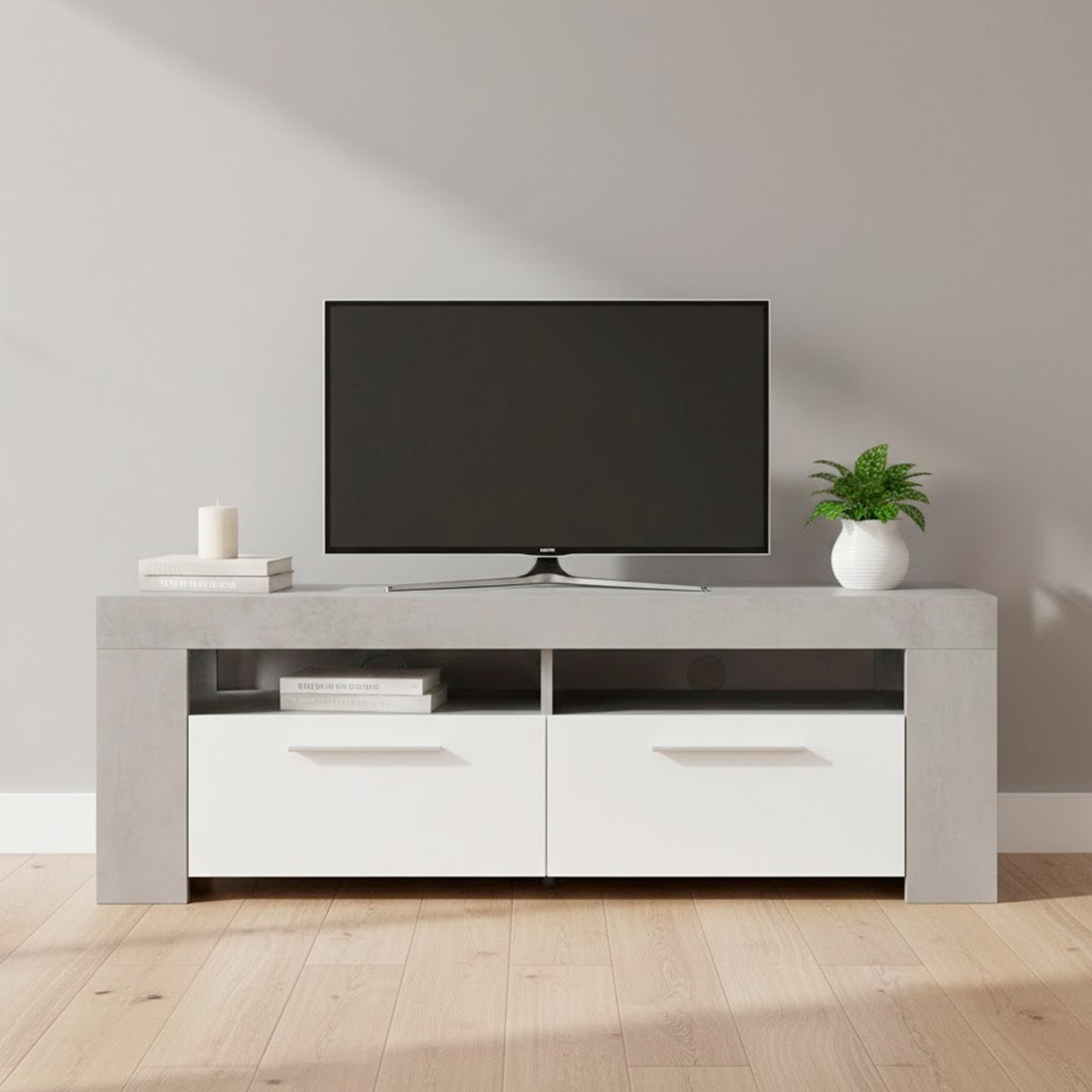 Mobile TV Con 4 Vani Portaoggetti Modulo Porta TV Moderno Con Ante E Vani A Vista Per Soggiorno Supporto TV 120x42x40 Cm Bianco Lucido Grigio Cemento