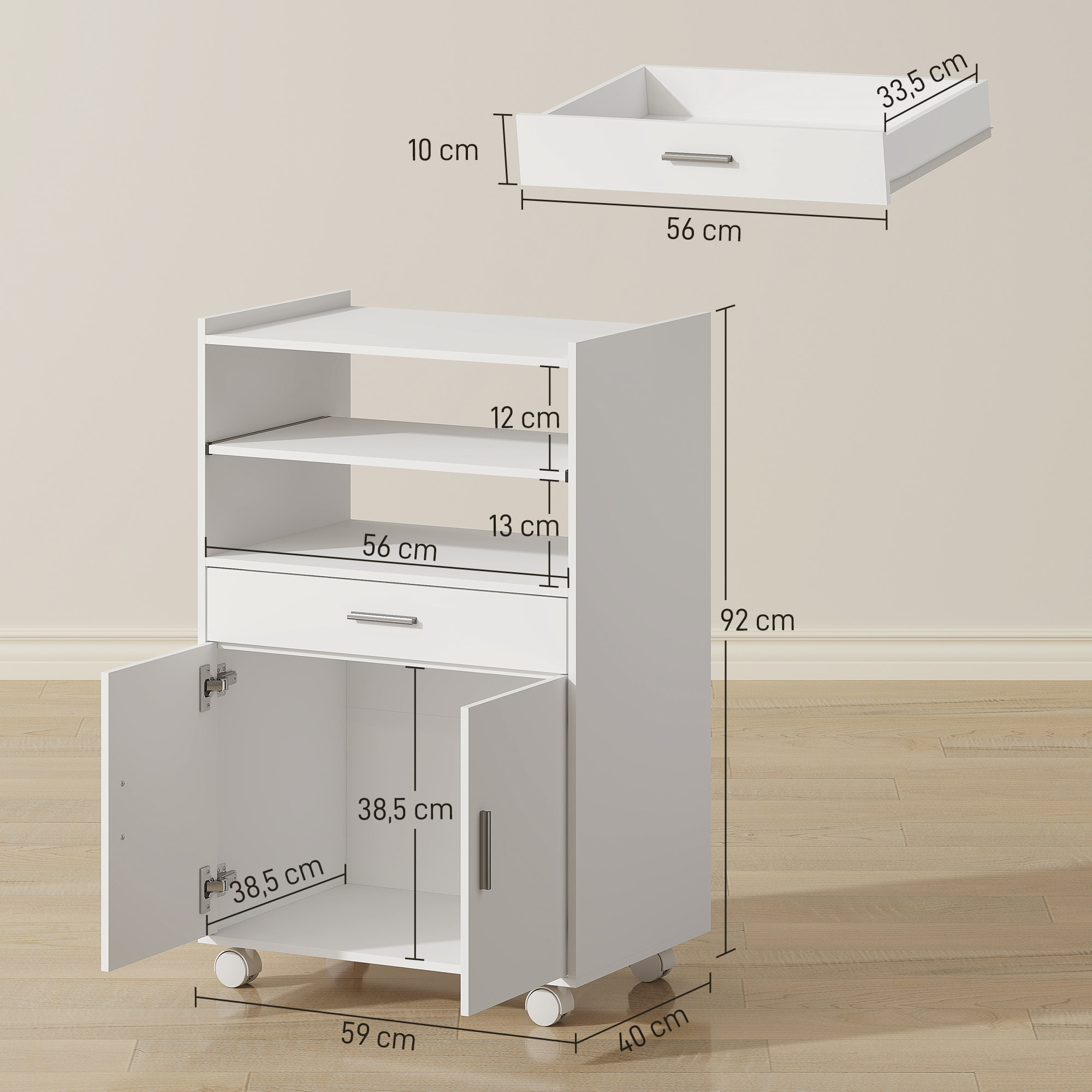 Chariot desserte de cuisine - meuble micro-ondes multi-rangement - dim. 59 x 40 x 92 cm - blanc